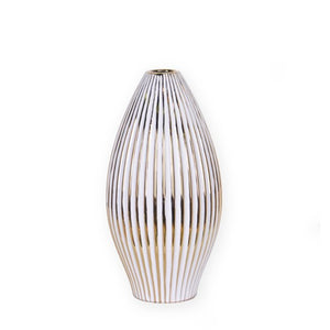 14" White and Gold Ceramic Striped Bud Vase-0