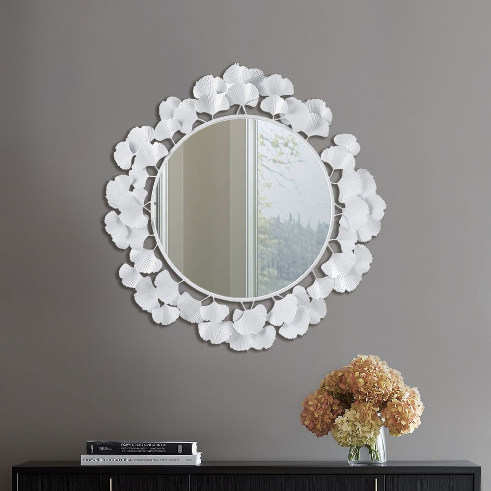 Eden White Gingko Leaf Round Wall Mirror