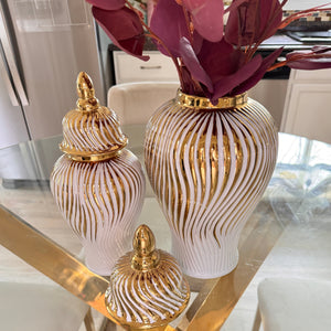 White Ceramic Ginger Jar Vase with Gold Accent