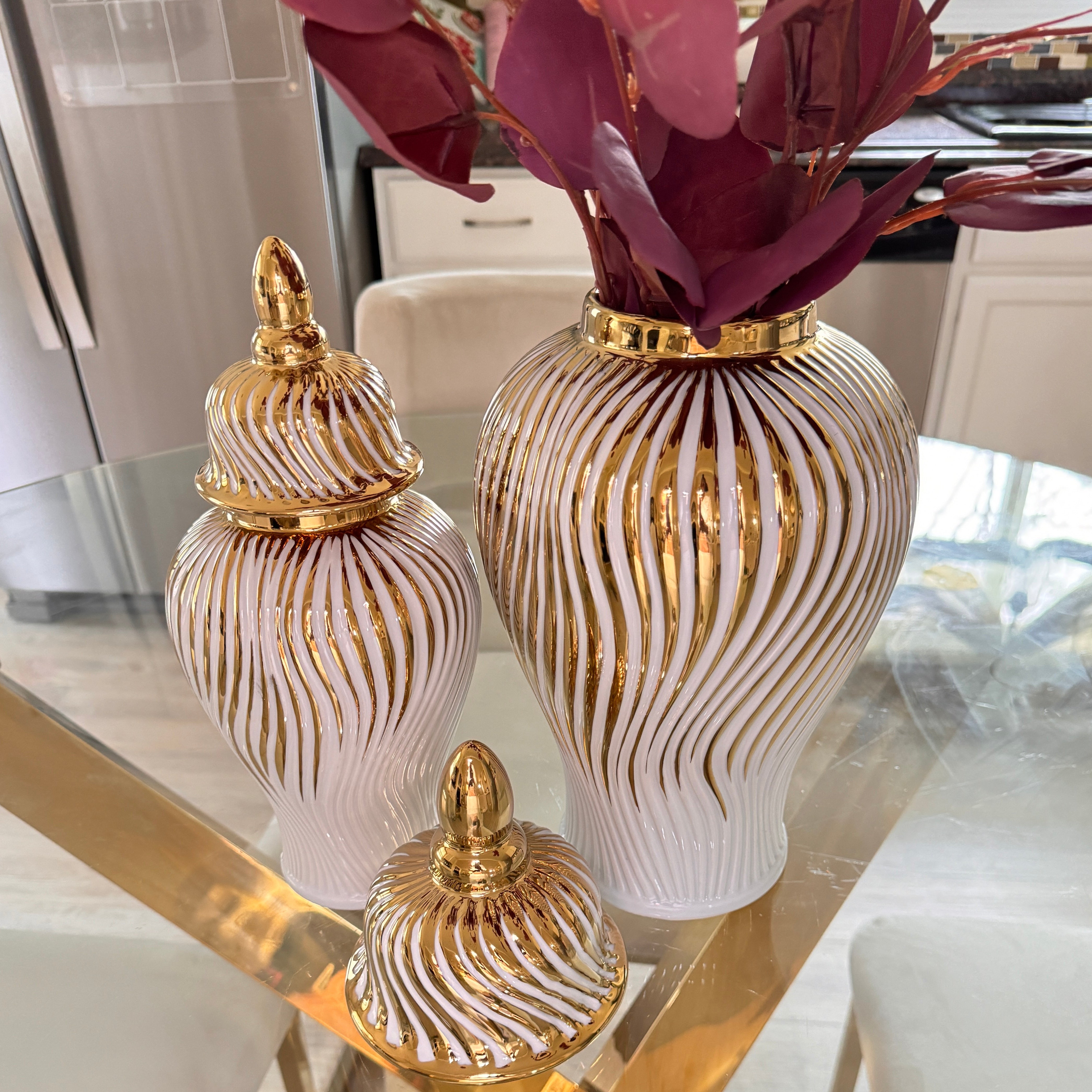 White Ceramic Ginger Jar Vase with Gold Accent