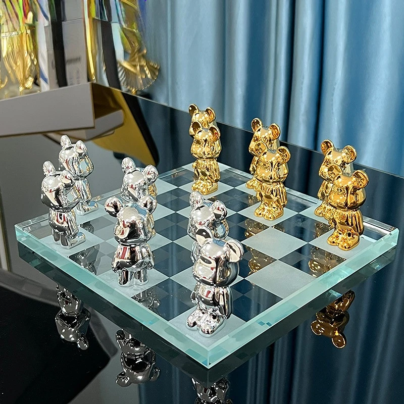 Luxury Crystal Chess Set with Gloomy Bear Pieces – Elegant Decor for Indoor Games