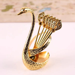 Stainless Steel Creative Dinnerware Set Decorative Swan Base Holder With 6 Spoons Silver & Gold
