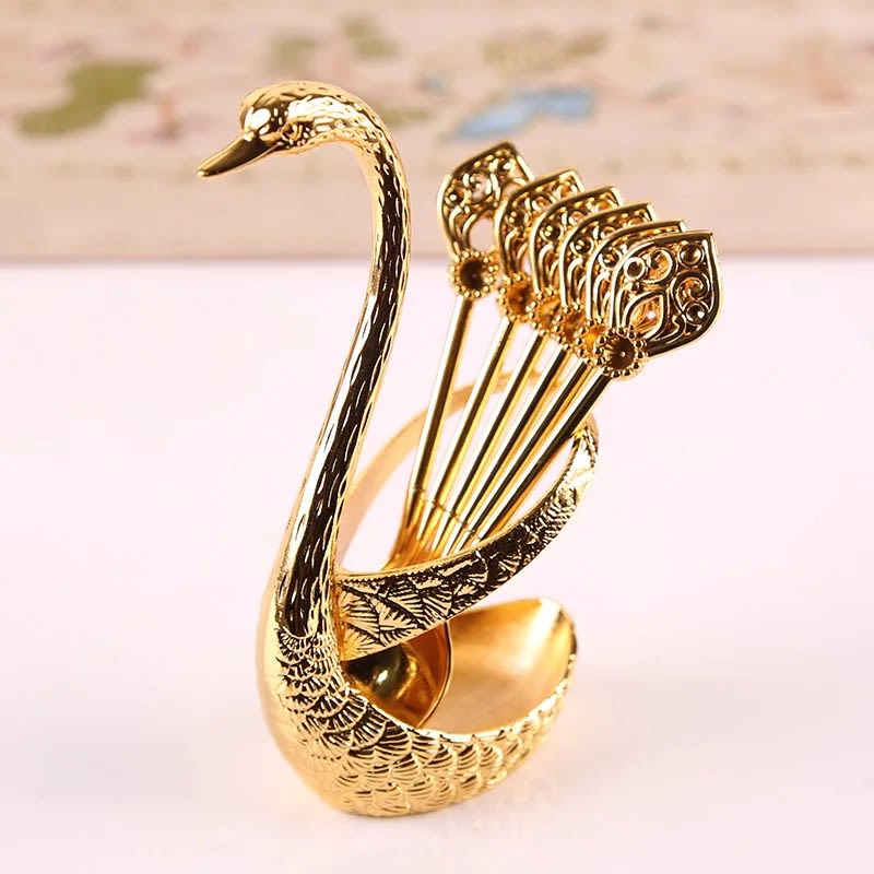Stainless Steel Creative Dinnerware Set Decorative Swan Base Holder With 6 Spoons Silver & Gold