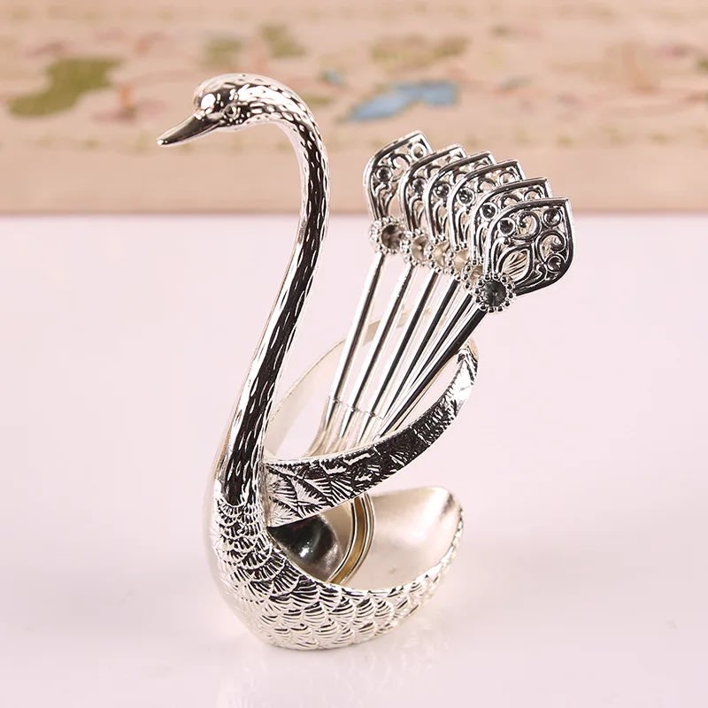 Stainless Steel Creative Dinnerware Set Decorative Swan Base Holder With 6 Spoons Silver & Gold