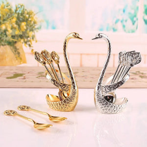 Stainless Steel Creative Dinnerware Set Decorative Swan Base Holder With 6 Spoons Silver & Gold