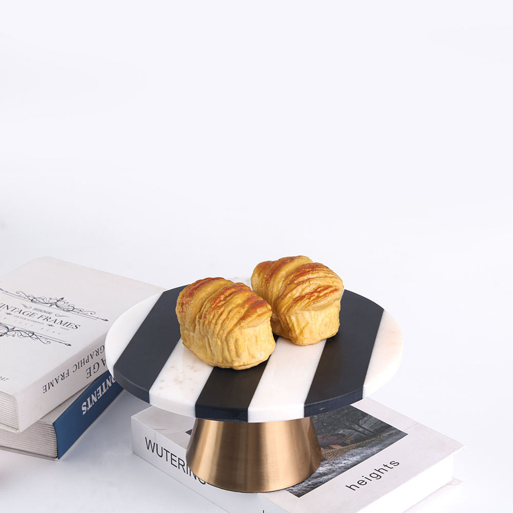 Striped Metal Marble Dessert Pastry Cake Stand Holder Serving Platter