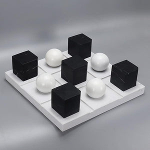 Suzam Marble Tic Tac Toe Game Set White Board with Jet Black and White Playing Pieces