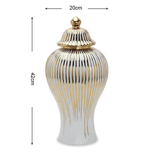 JS gold and cream ginger jar with white background and also height and width shown with it