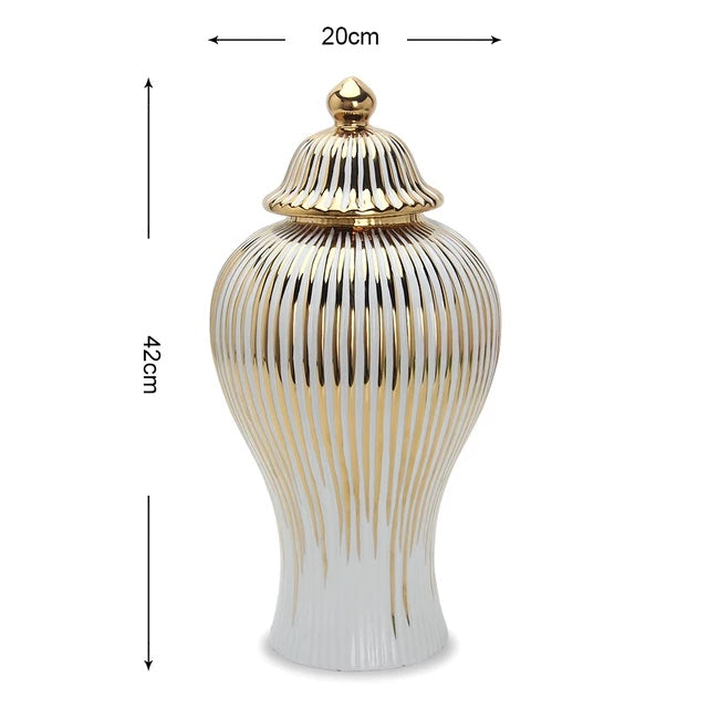 JS gold and cream ginger jar with white background and also height and width shown with it