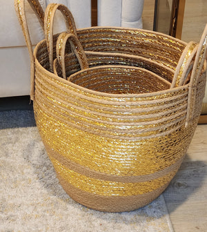 Woven paper rope basket with a protective fabric liner