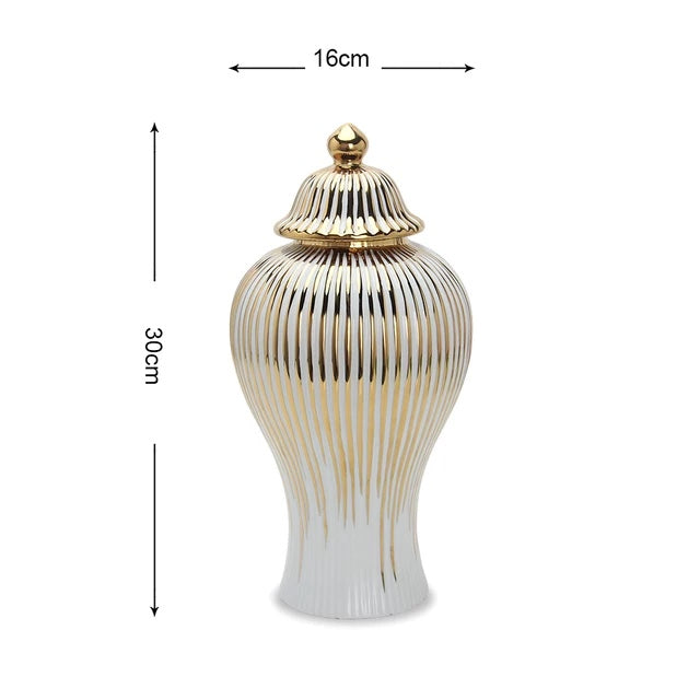 Jar gold and cream ginger jar shown with white background