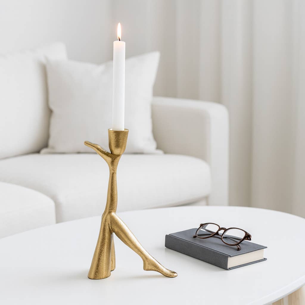 Taper Candle Holder - Gold Metal Sculptural Leg Up, 9 in.