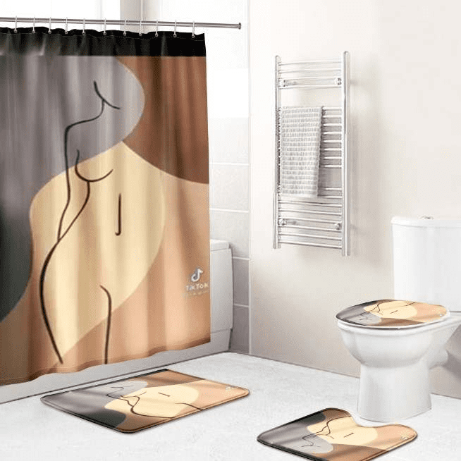 4 Piece Shower Curtain sets for Bathroom Line Art Beige Background Bathroom Set