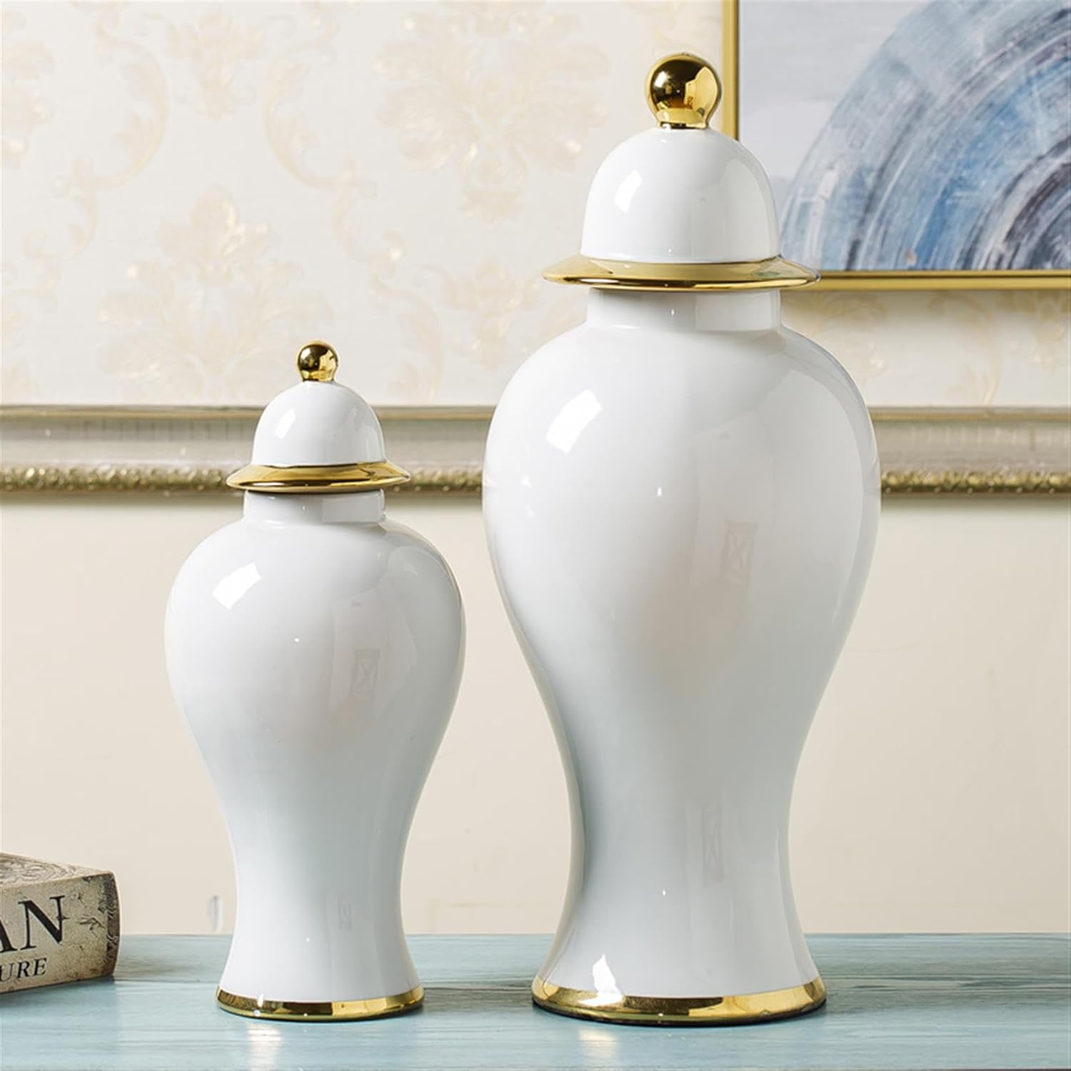 Ceramic Ginger Jar Vases with Gold Trim Set– Elegant Porcelain Storage & Temple Jar Decor