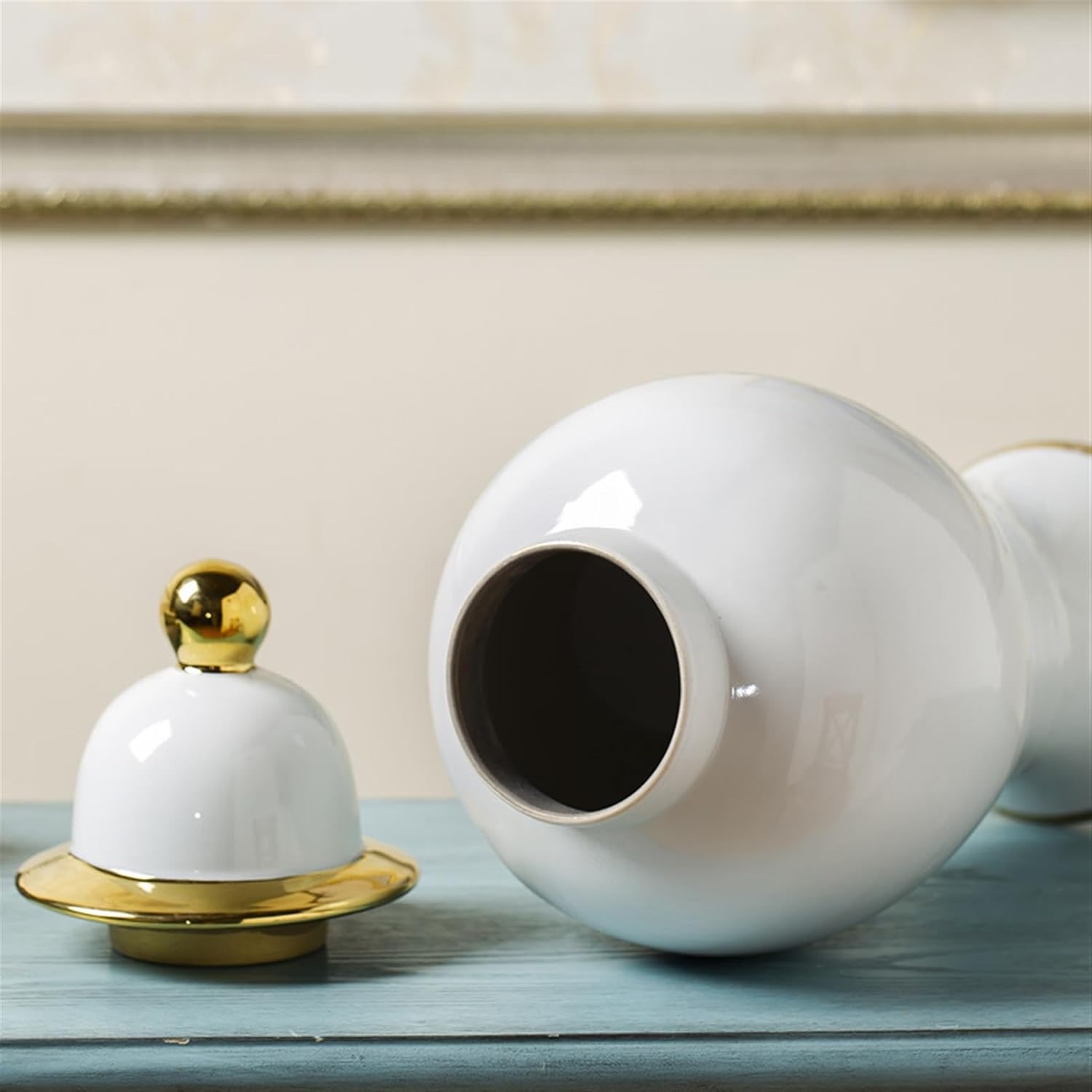 Ceramic Ginger Jar Vases with Gold Trim Set– Elegant Porcelain Storage & Temple Jar Decor
