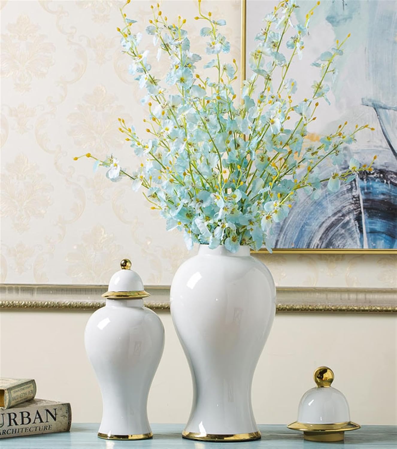 Ceramic Ginger Jar Vases with Gold Trim Set– Elegant Porcelain Storage & Temple Jar Decor