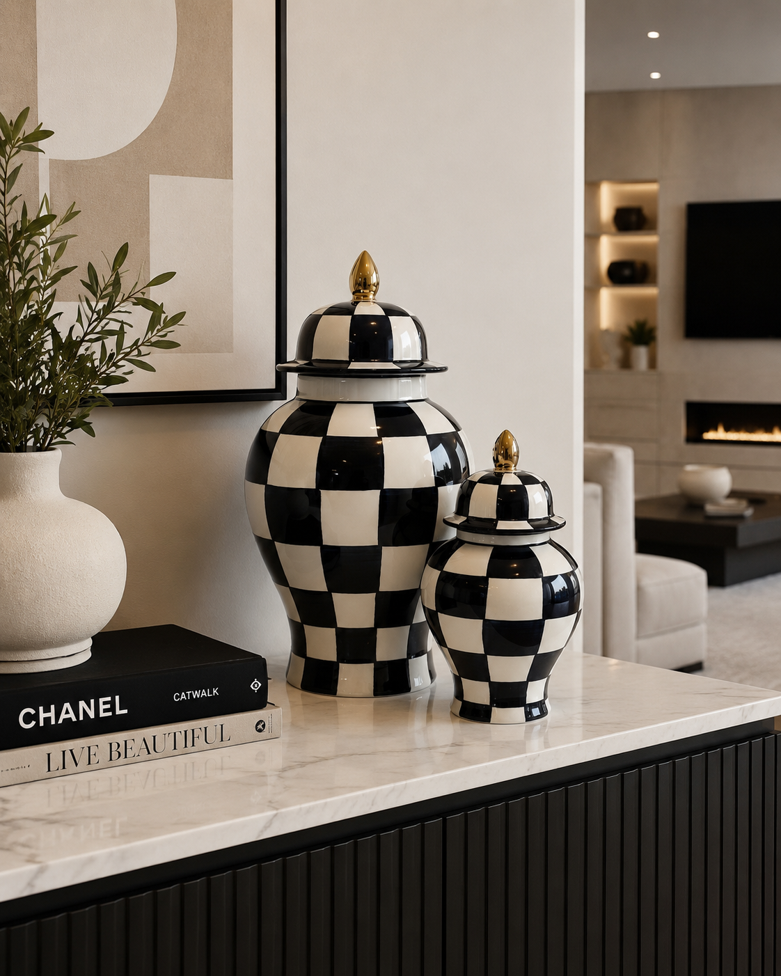 Black Checkers  Ginger Jar