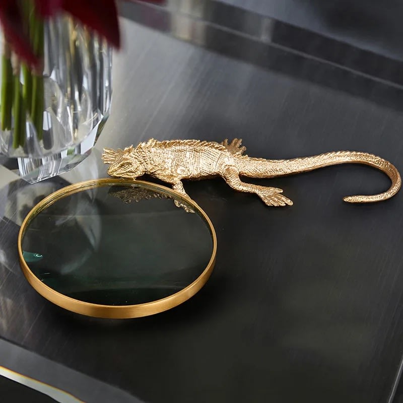 Creative Copper Gecko Magnifier Ornaments Simulation Animal Sculpture for Home Decor