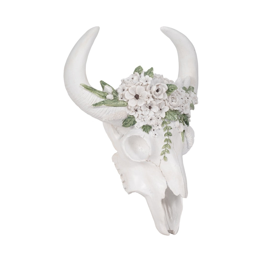cow skull with succulents 13" Bull Skull With White Flowers, White