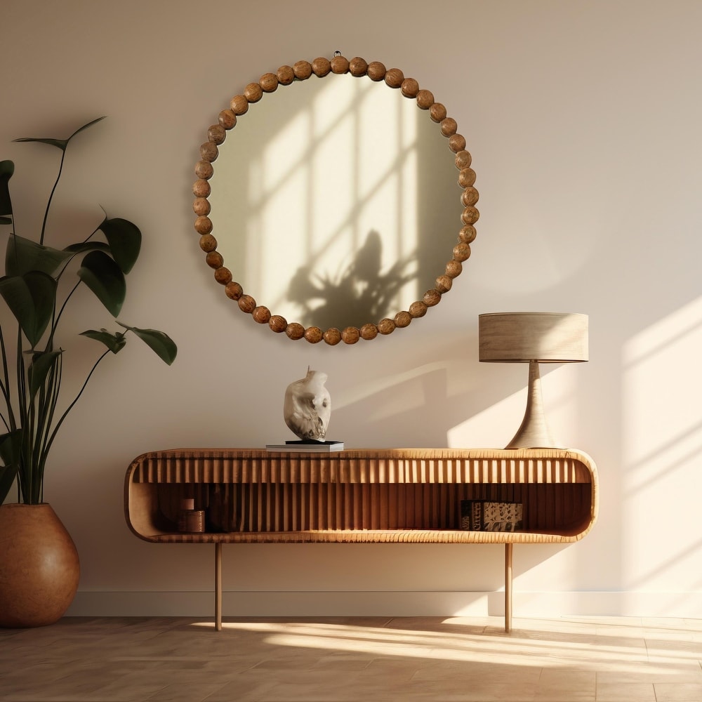 Decorative Round Hanging Wall Mirror with Wooden Bead Frame