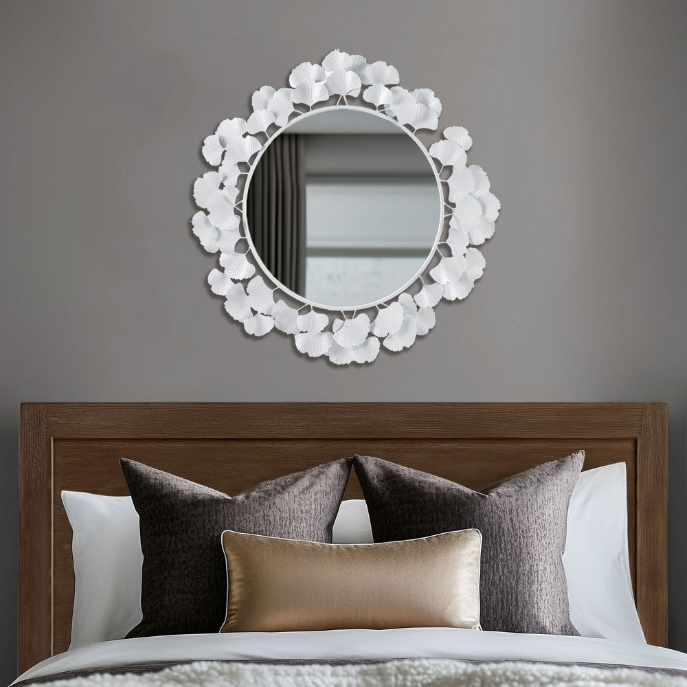Eden White Gingko Leaf Round Wall Mirror