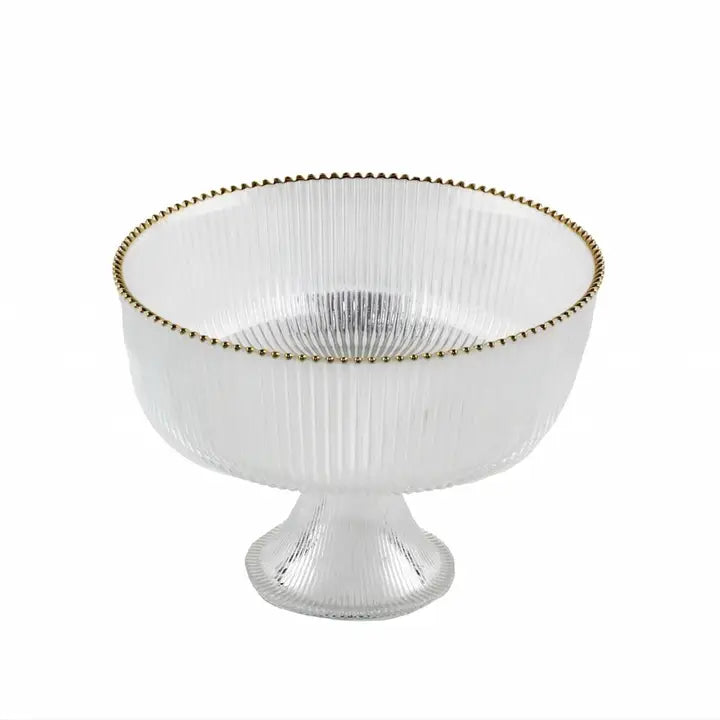 Footed Ribbed Glass Salad Bowl with Gold Rim