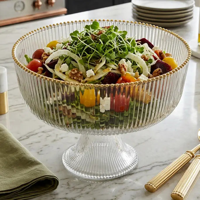 Footed Ribbed Glass Salad Bowl with Gold Rim
