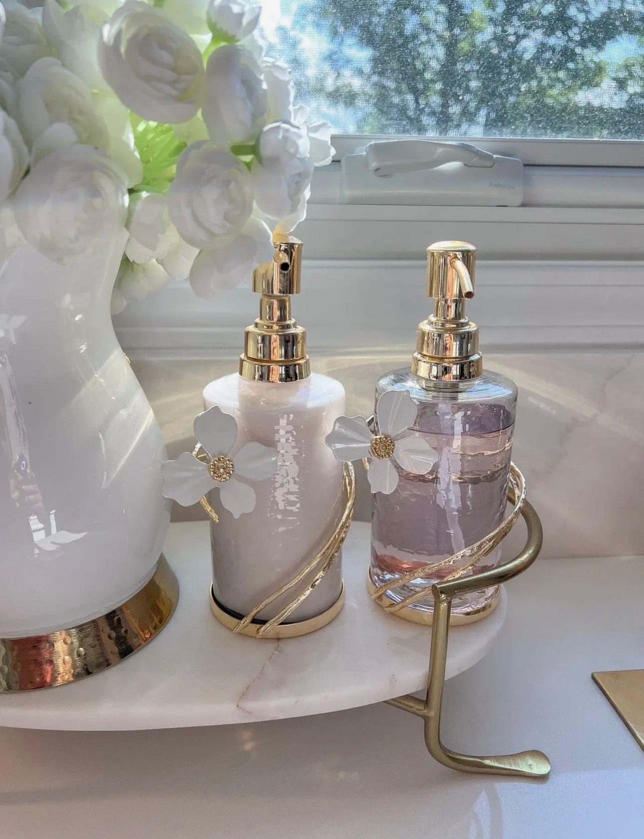 Glass Soap & Lotion Dispenser Set with White Lily Flower