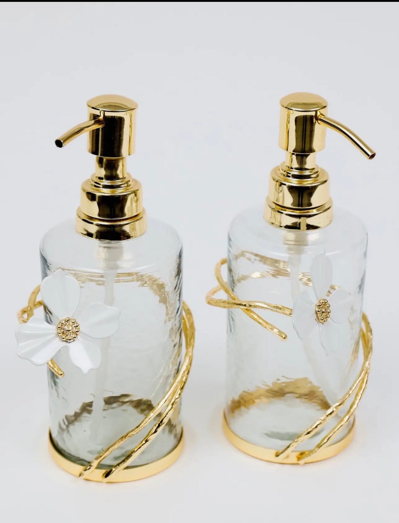 Glass Soap & Lotion Dispenser Set with White Lily Flower