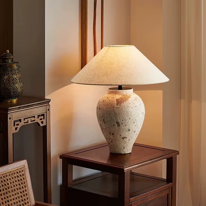 Handcrafted Ceramic Table Lamp with Wide Linen Shade
