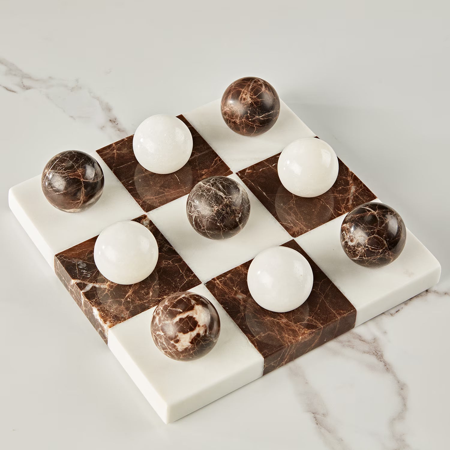 Handcrafted White & Brown Marble Tic-Tac-Toe Board