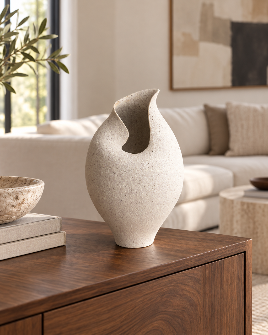 Off-White Sculptural Ceramic Vase with Petal Opening