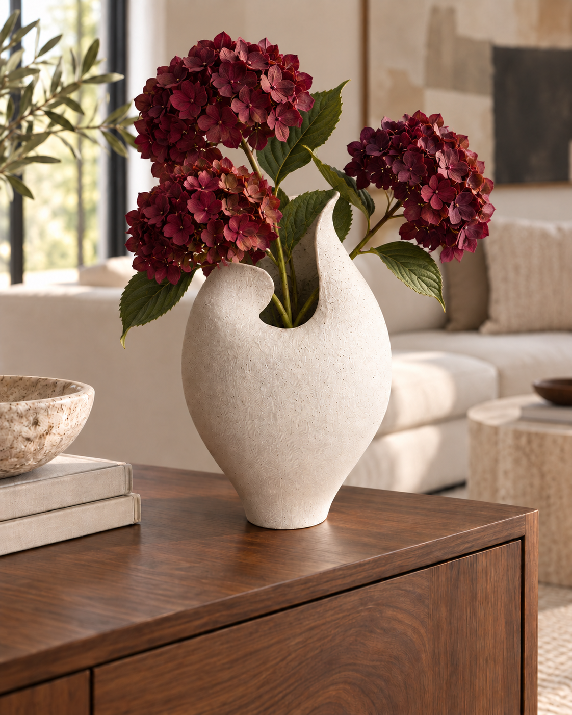 Off-White Sculptural Ceramic Vase with Petal Opening