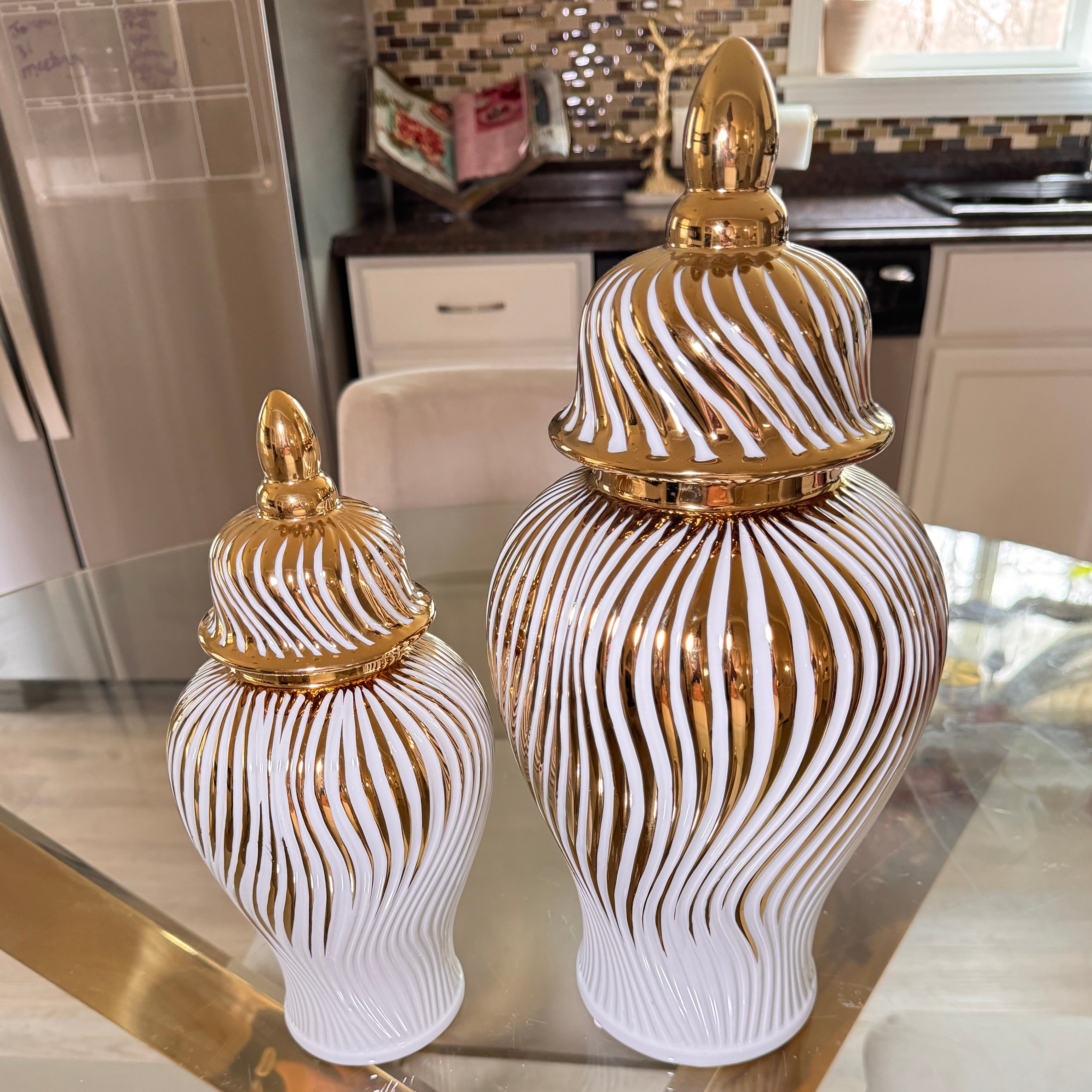White Ceramic Ginger Jar Vase with Gold Accent