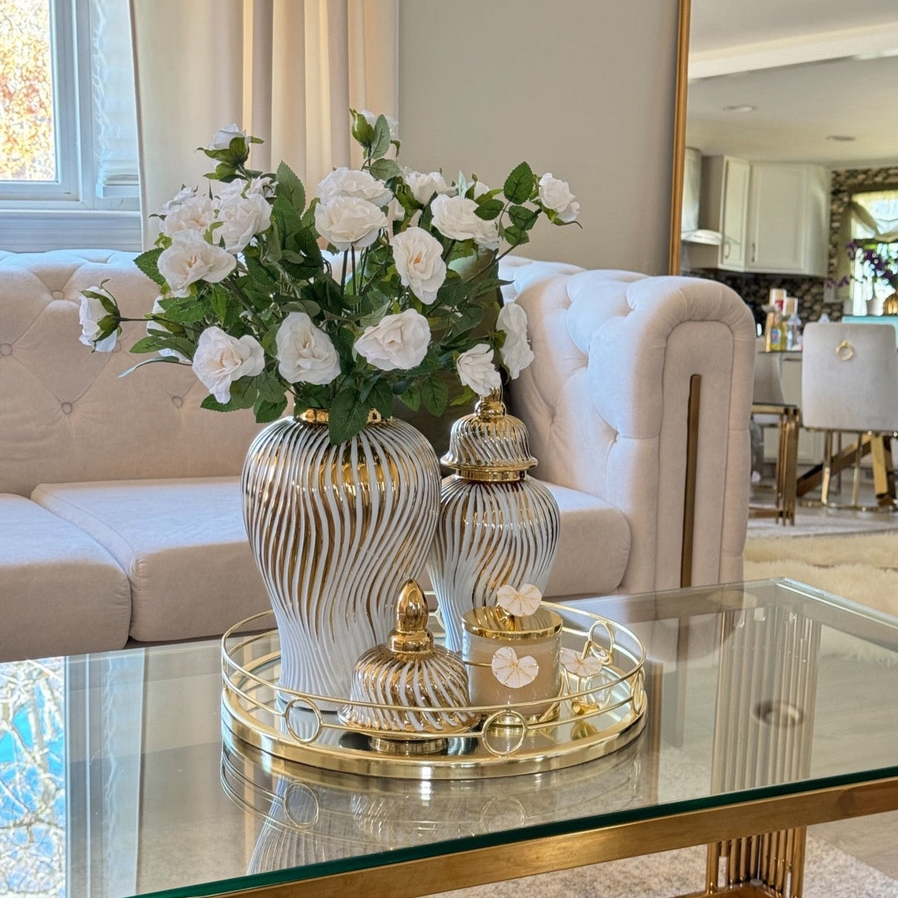 White Ceramic Ginger Jar Vase with Gold Accent