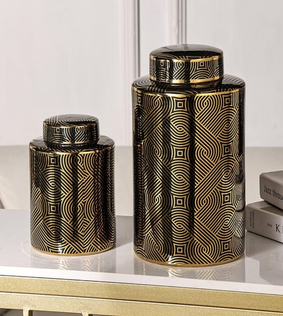 The Novogratz Ceramic Decorative Jars with Gold Accent,Black Set