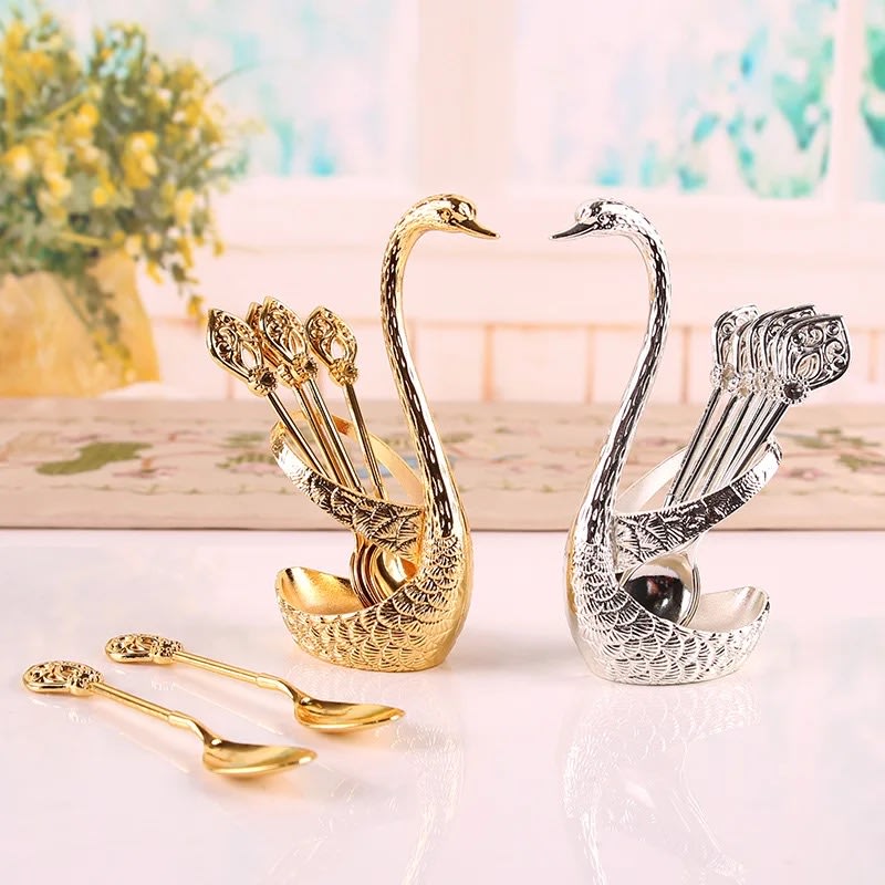 Stainless Steel Creative Dinnerware Set Decorative Swan Base Holder With 6 Spoons Silver & Gold