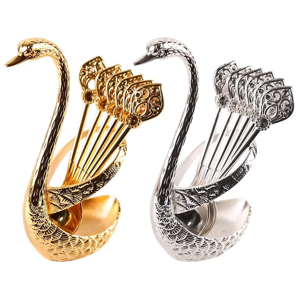 Stainless Steel Creative Dinnerware Set Decorative Swan Base Holder With 6 Spoons Silver & Gold