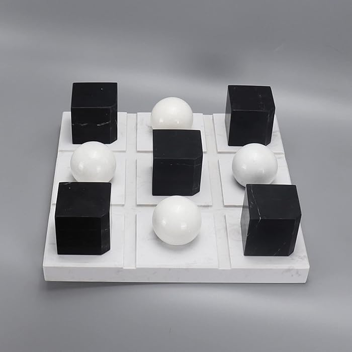 Suzam Marble Tic Tac Toe Game Set White Board with Jet Black and White Playing Pieces