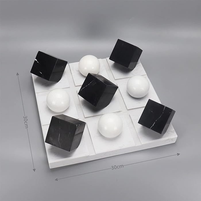 Suzam Marble Tic Tac Toe Game Set White Board with Jet Black and White Playing Pieces