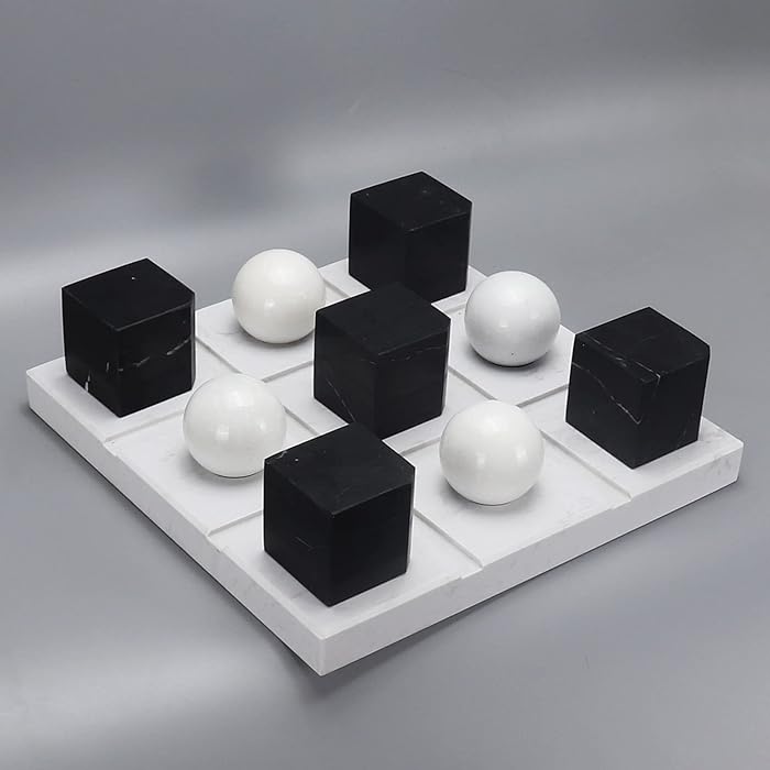 Suzam Marble Tic Tac Toe Game Set White Board with Jet Black and White Playing Pieces