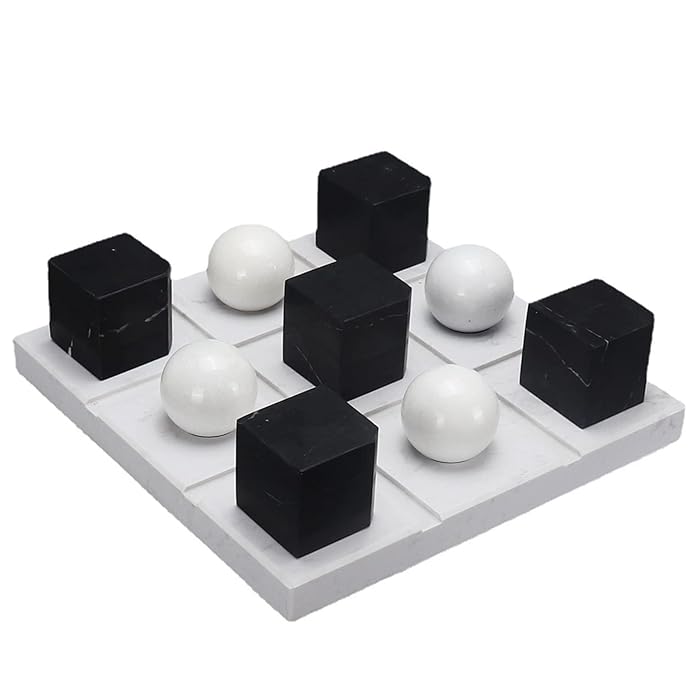 Suzam Marble Tic Tac Toe Game Set White Board with Jet Black and White Playing Pieces