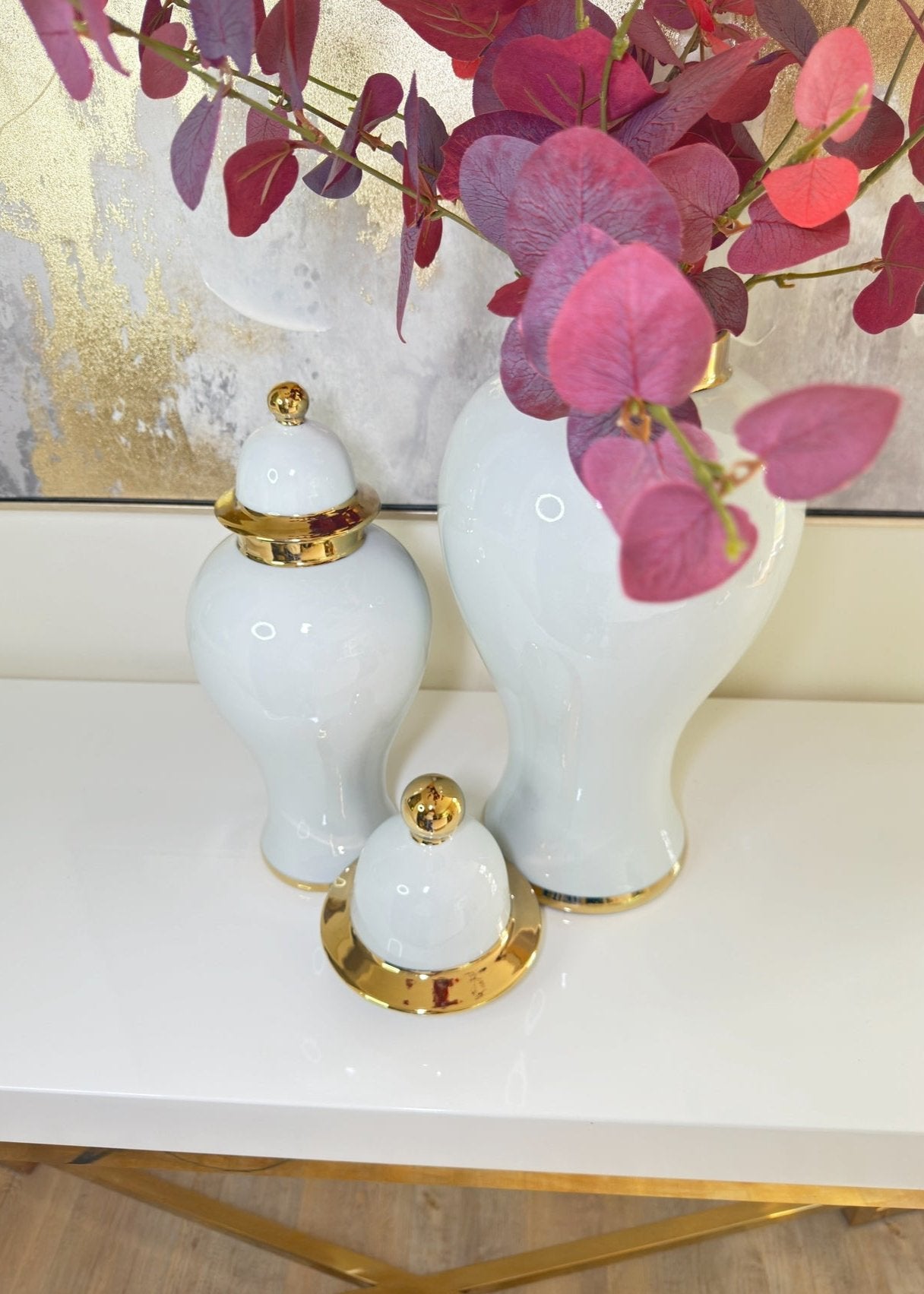 Ceramic Ginger Jar Vases with Gold Trim Set– Elegant Porcelain Storage & Temple Jar Decor