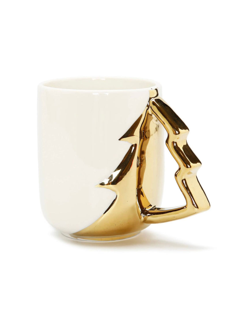 White Coffee Mug With Gold Christmas Tree Handle