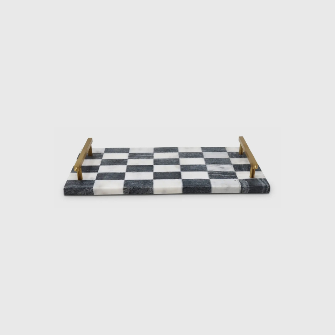 White & Black Checkered Marble Tray