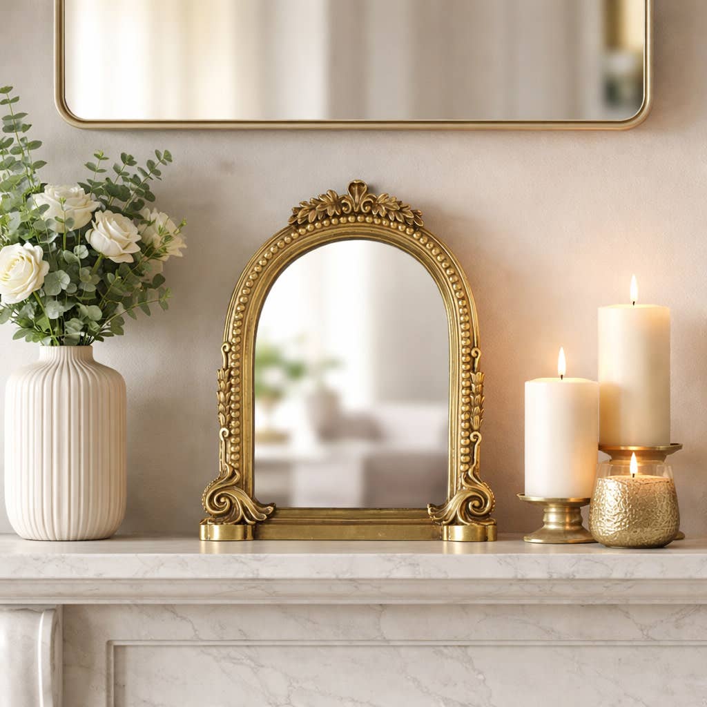 Tabletop Mirror - Gold Resin Ornate Arch Vanity, 5x7 in.