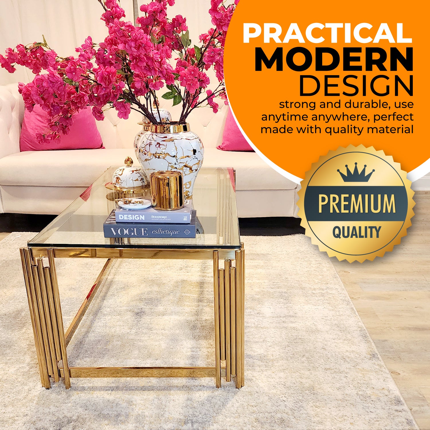 Contemporary Metal and Glass Rectangular Coffee Table-Gold – Royale One