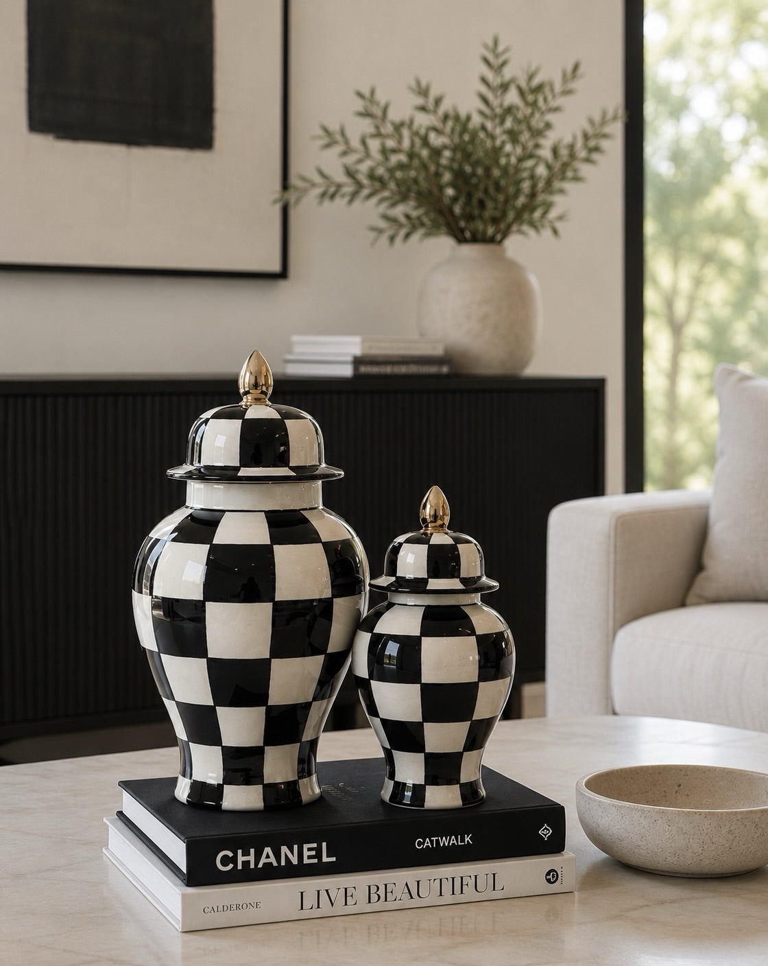 Black & White Checkered Ceramic Ginger Jar Vase