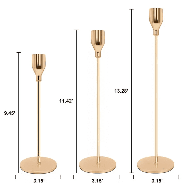 Gold Taper Candle Holder Set of 3 shown with its sizes  like height and width
